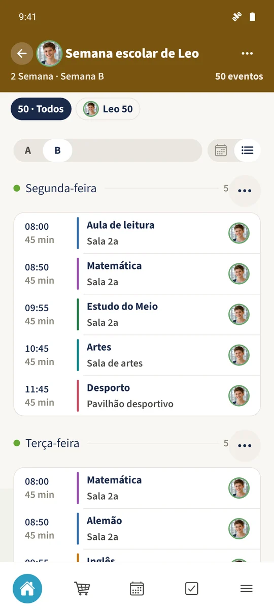A semana B salva começa com Aula de leitura. Este modelo recorrente permanece distinto da exceção pontual.