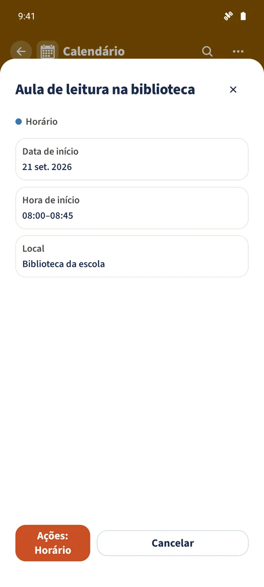 O calendário familiar mostra a origem Horário e a aula de leitura salva de Leo na Biblioteca da escola.