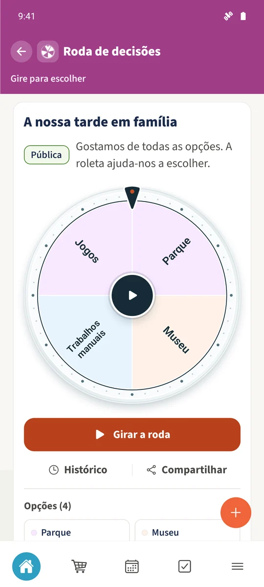 A roda familiar salva tem quatro opções e está pronta a girar.