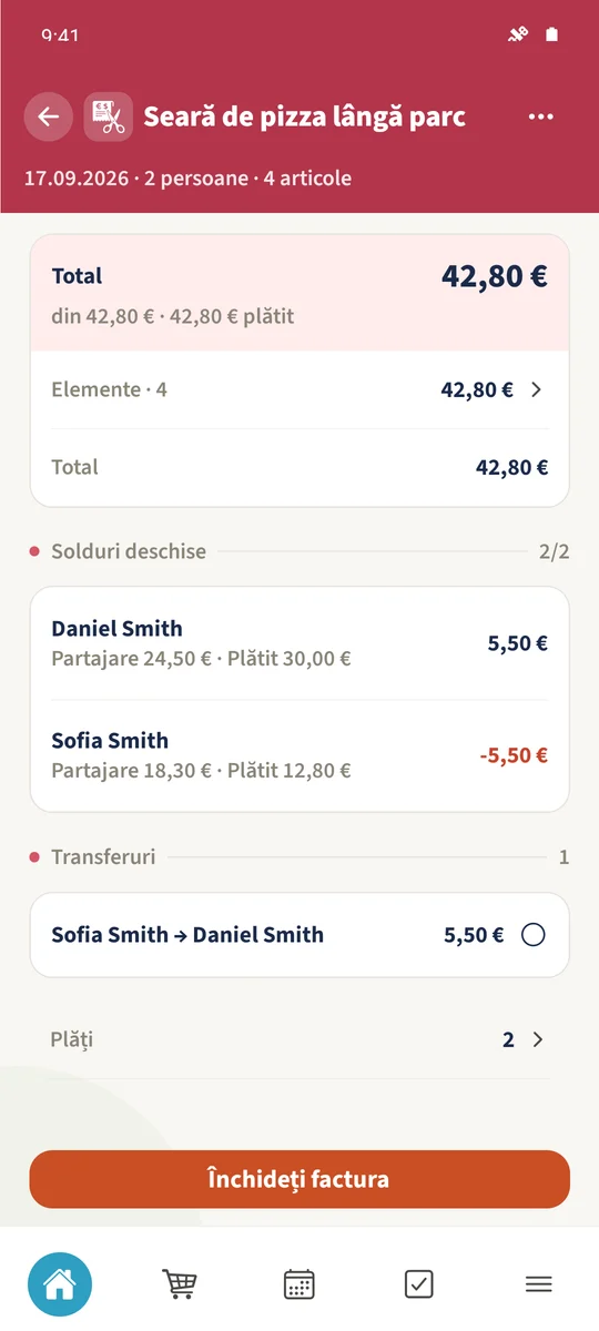 Revizuire arată 42,80 € plătiți în moneda notei, alături de rambursarea restantă între persoane.