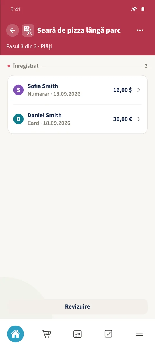 Înregistrat conține plata Sofiei de 16 USD și a lui Daniel de 30 €.