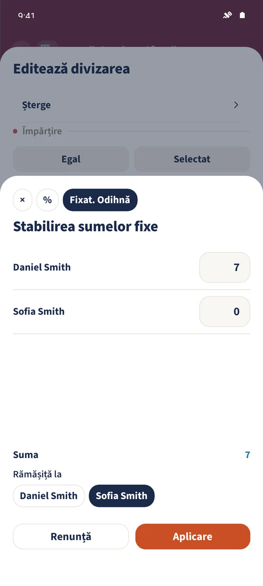 «Fixat. Odihnă» îi atribuie lui Daniel 7 € din costul poziției, iar restul costului îi revine Sofiei.