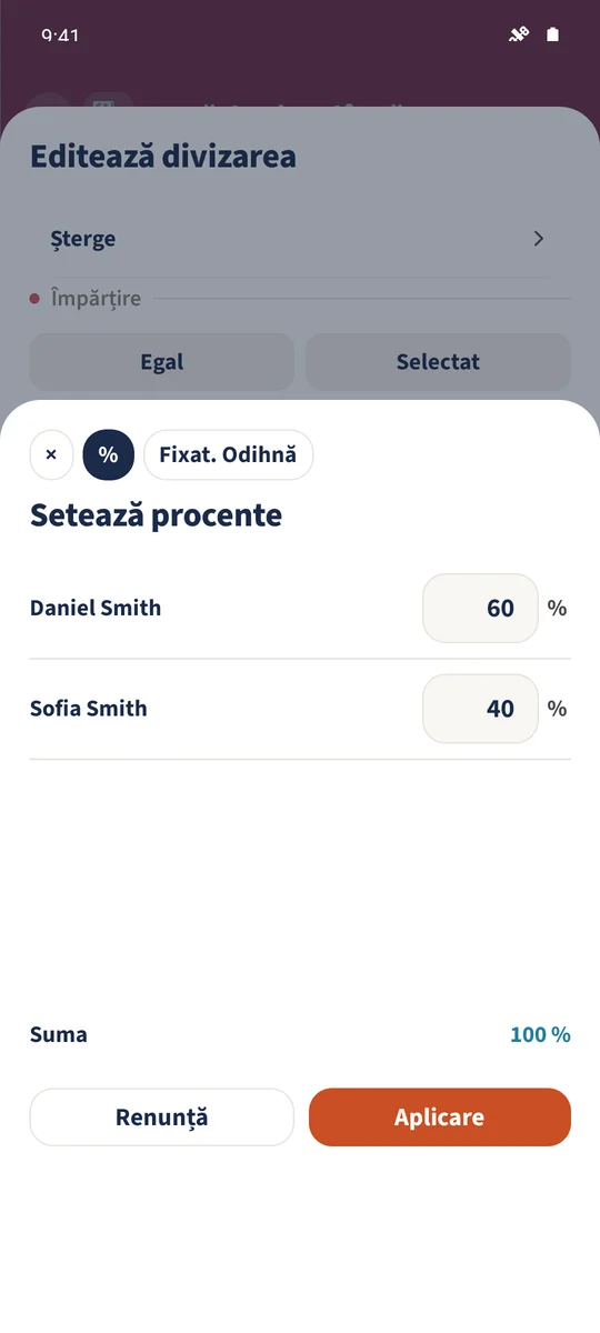 Împărțirea alternativă procentuală folosește 60 și 40, total 100%.