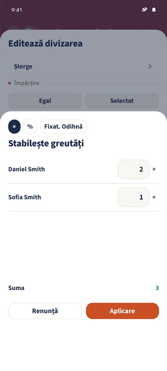 Ponderile 2 pentru Daniel și 1 pentru Sofia creează trei cote relative.