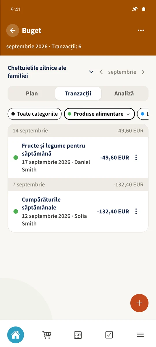 Filtrul Alimente arată Cumpărăturile săptămânale și Fructe și legume pentru săptămână, total 182 €.