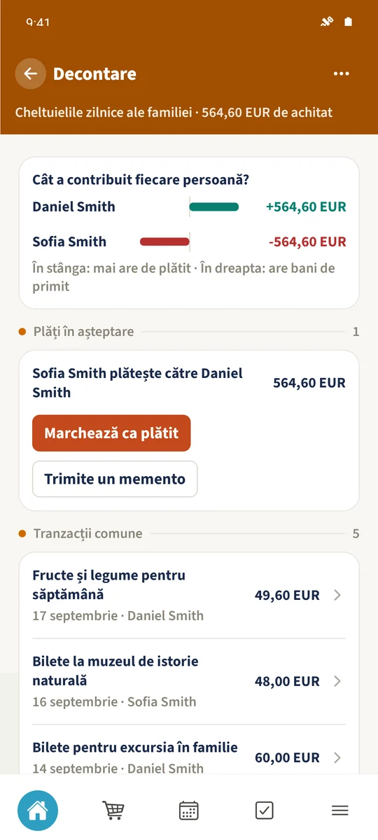 Decontarea din septembrie arată plata restantă de 564,60 € de la Sofia la Daniel și tranzacțiile comune aferente.