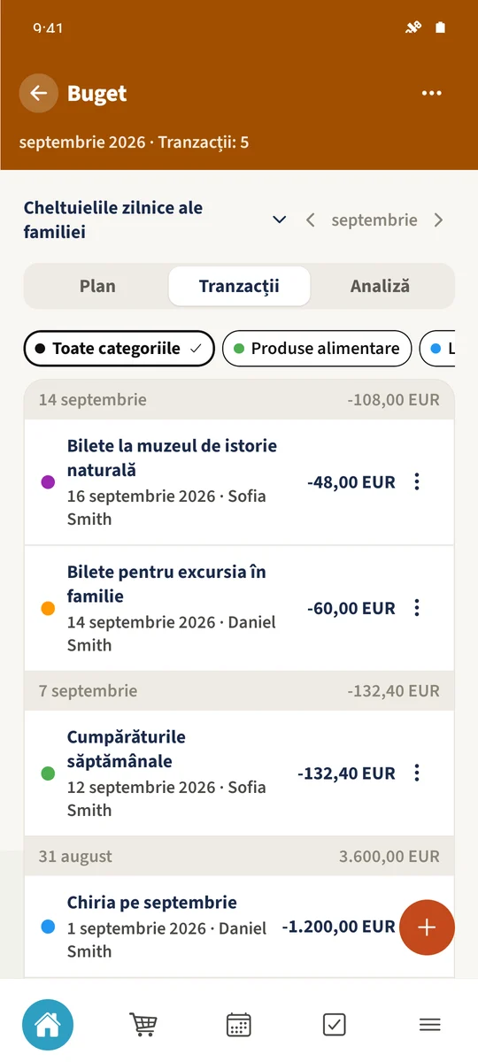 Tranzacții arată veniturile și cheltuielile înregistrate ale familiei.
