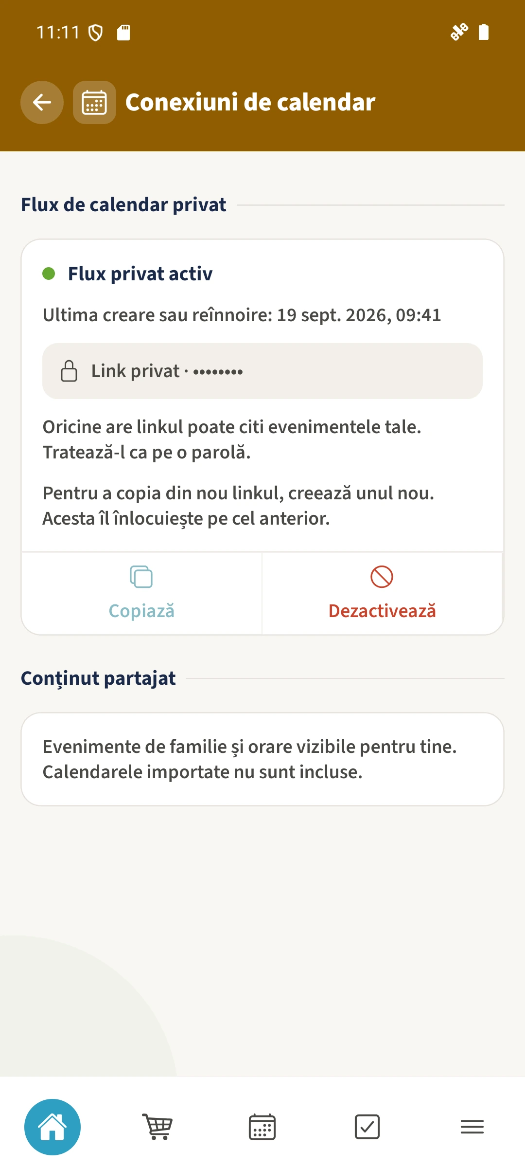 Flux de calendar privat — Generează nou