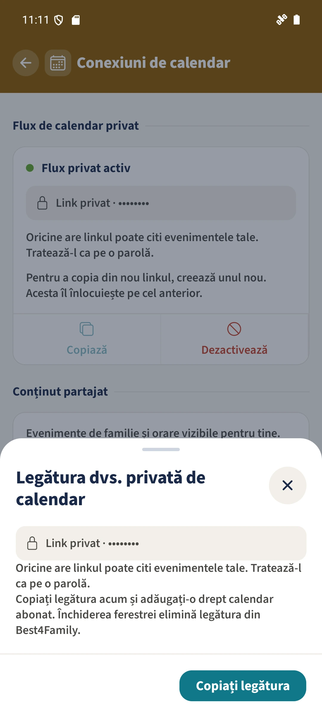 Legătura dvs. privată de calendar — Copiați legătura