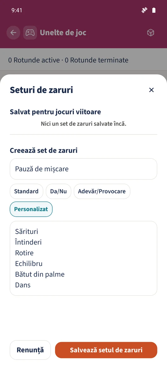 Formularul zarurilor personalizate conține Pauză de mișcare cu șase fețe cu activități în română.
