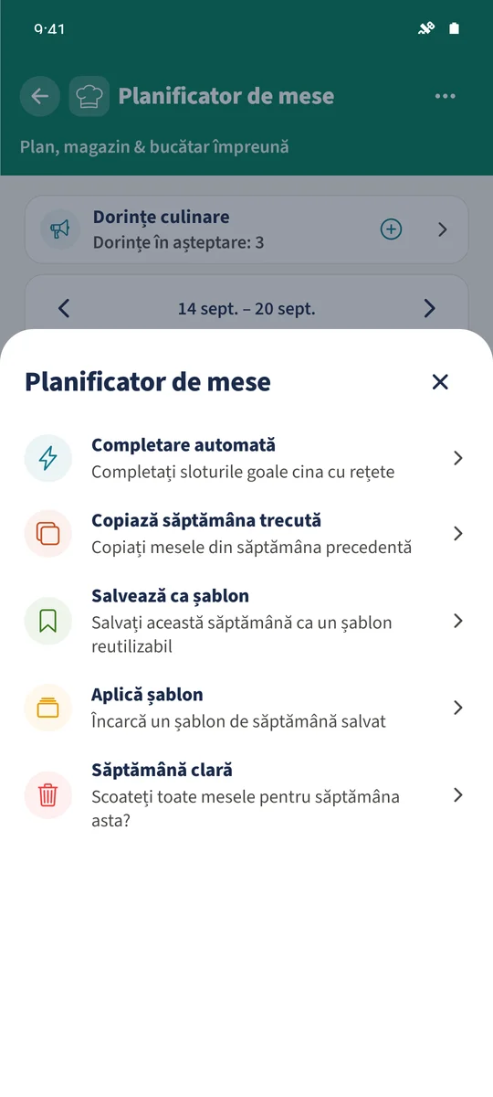 Acțiuni oferă Salvează ca șablon, Aplică șablon, Copiază săptămâna trecută și Completare automată.