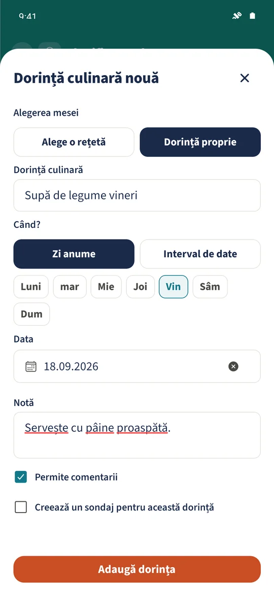Dorința proprie Supă de legume vineri are dată și comentarii activate.