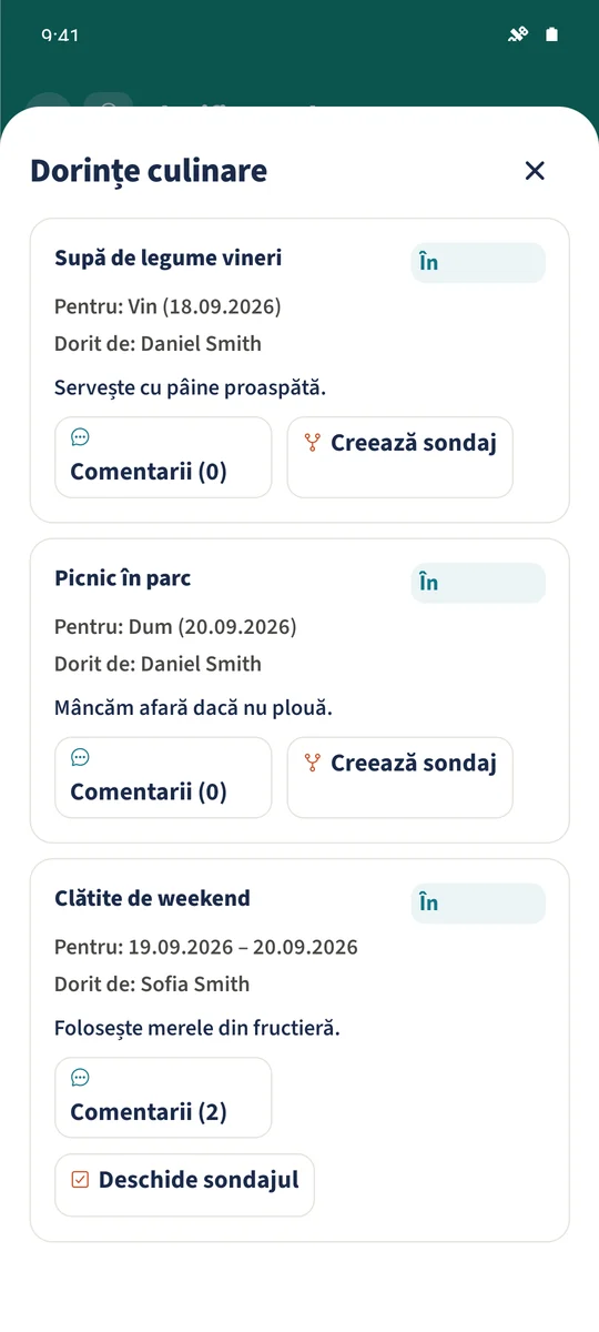 Clătite de weekend arată două comentarii și Deschide sondajul pentru sondajul familial legat.