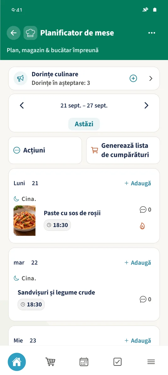Săptămâna țintă conține mesele adăugate, inclusiv paste luni și Sandvișuri și legume crude marți.
