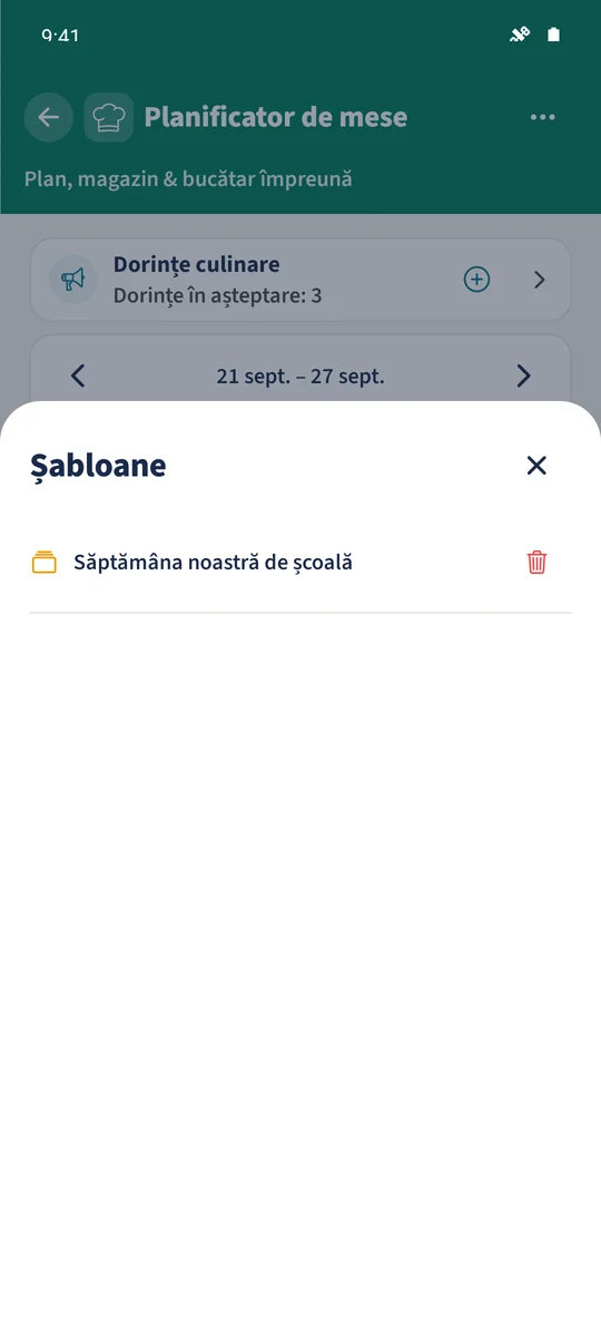Șablonul salvat este disponibil pentru săptămâna țintă 21–27 septembrie 2026.
