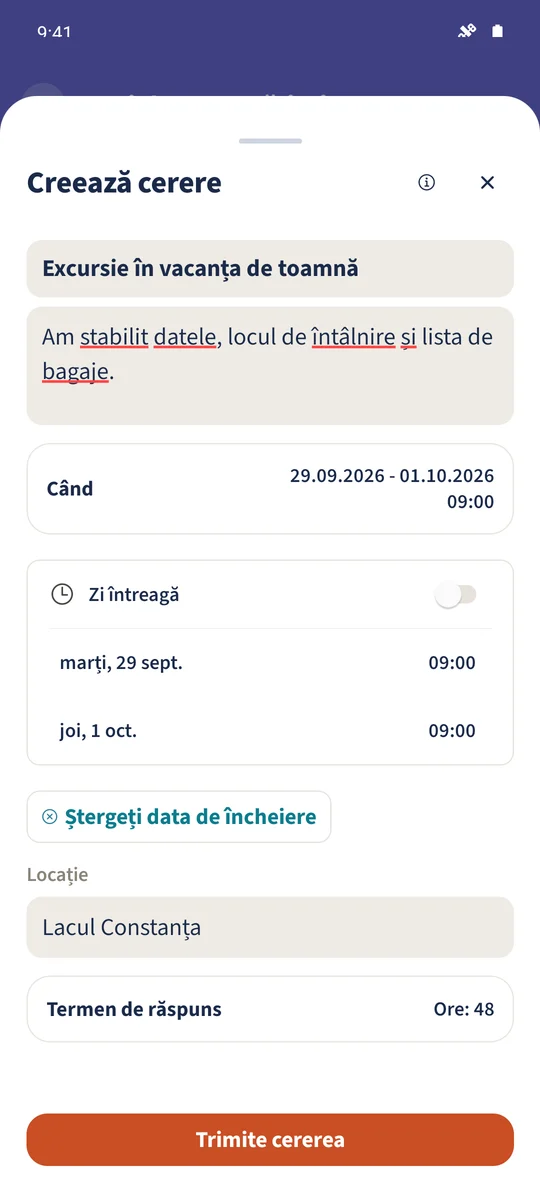 Cererea netrimisă conține detaliile pentru Emma și Leo.