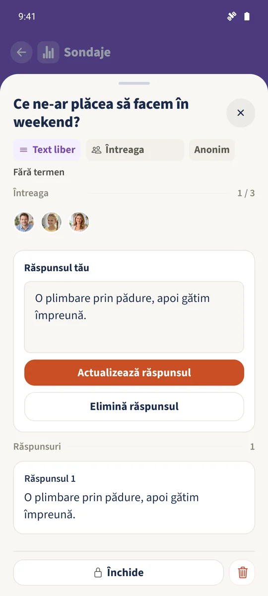Două sugestii salvate apar ca Răspunsul 1 și Răspunsul 2, fără etichete de autor; textul lui Daniel rămâne în zona sa de răspuns.