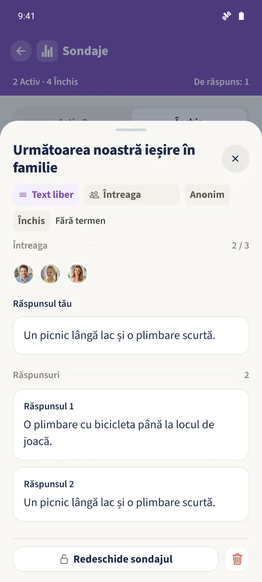 Sondajul închis redeschis arată două răspunsuri numerotate fără legătură cu persoane.