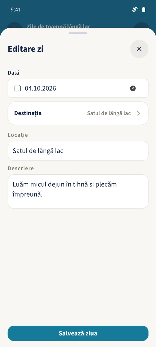 Editează ziua redeschide plecarea existentă din 4 octombrie cu loc și descriere.