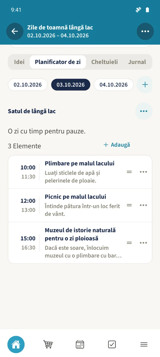 Planul salvat pentru 3 octombrie arată plimbarea, picnicul și muzeul de istorie naturală în ordinea aleasă.