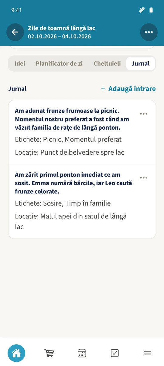 Jurnalul comun arată două amintiri salvate cu locuri și etichete.