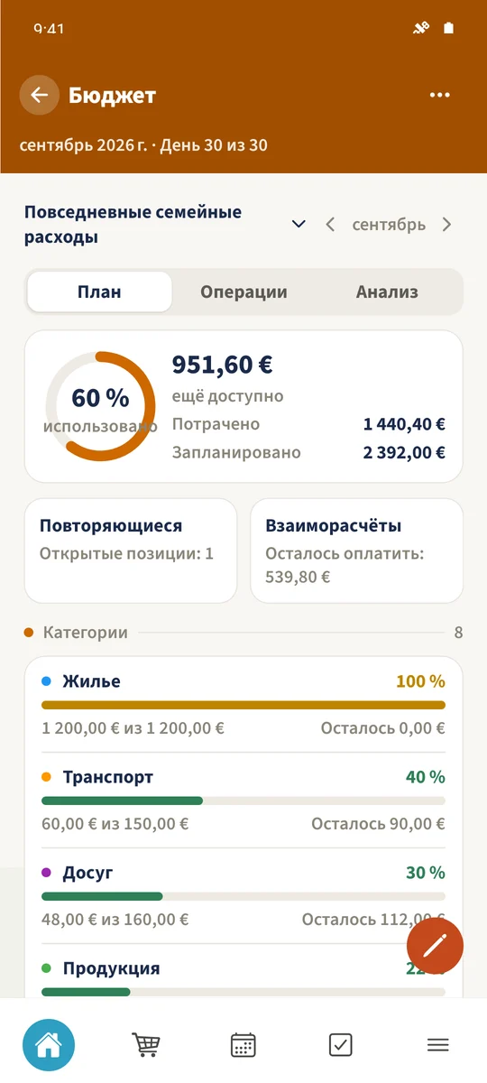 Сохранённый месячный план показывает суммы категорий, записанные расходы и доступный остаток.