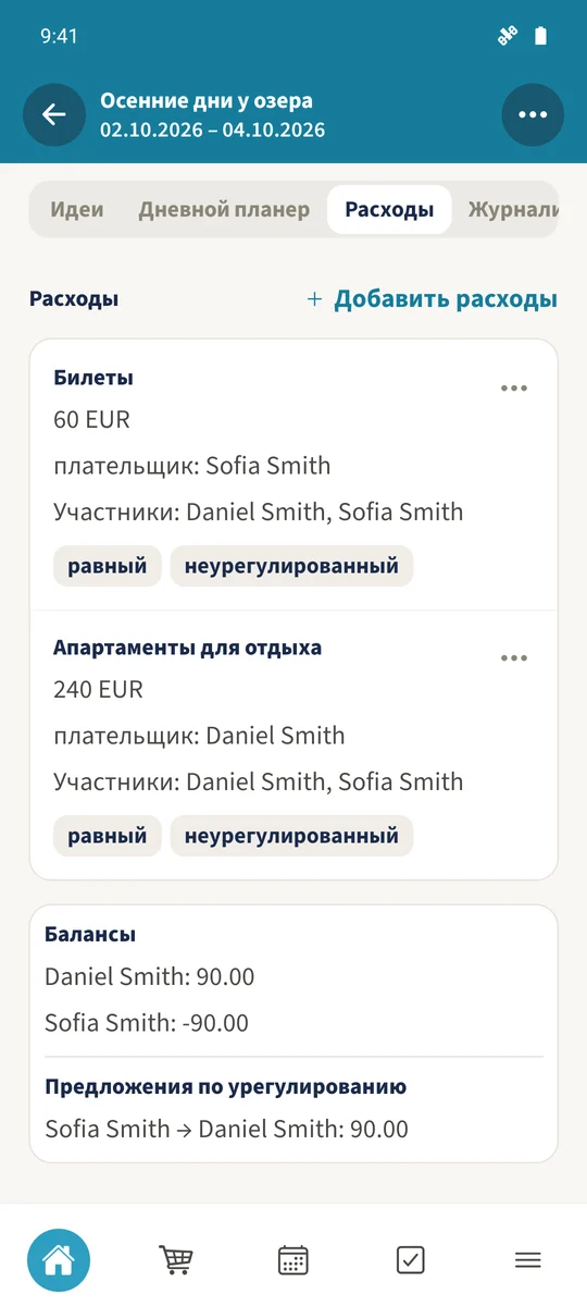 Изначально в поездке указаны 60 EUR за билеты и 240 EUR за апартаменты для отдыха.