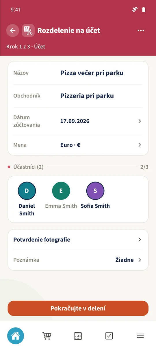 Účet používa EUR a má Daniela a Sofiu ako aktívnych účastníkov.