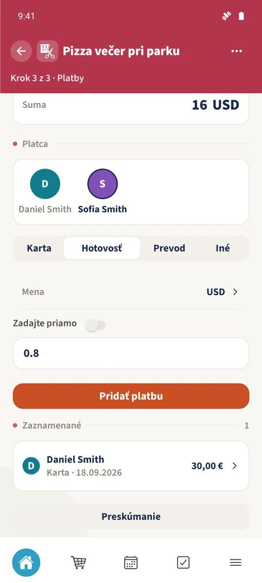 Platobný formulár zobrazuje 16 USD od Sofie, Hotovosť a ručne zadaný ukážkový kurz 0,8.