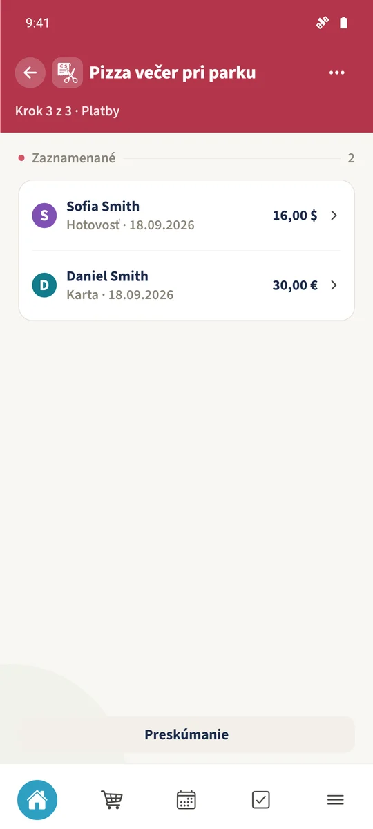 Zaznamenané obsahuje Sofiinu platbu 16 USD a Danielovu platbu 30 €.