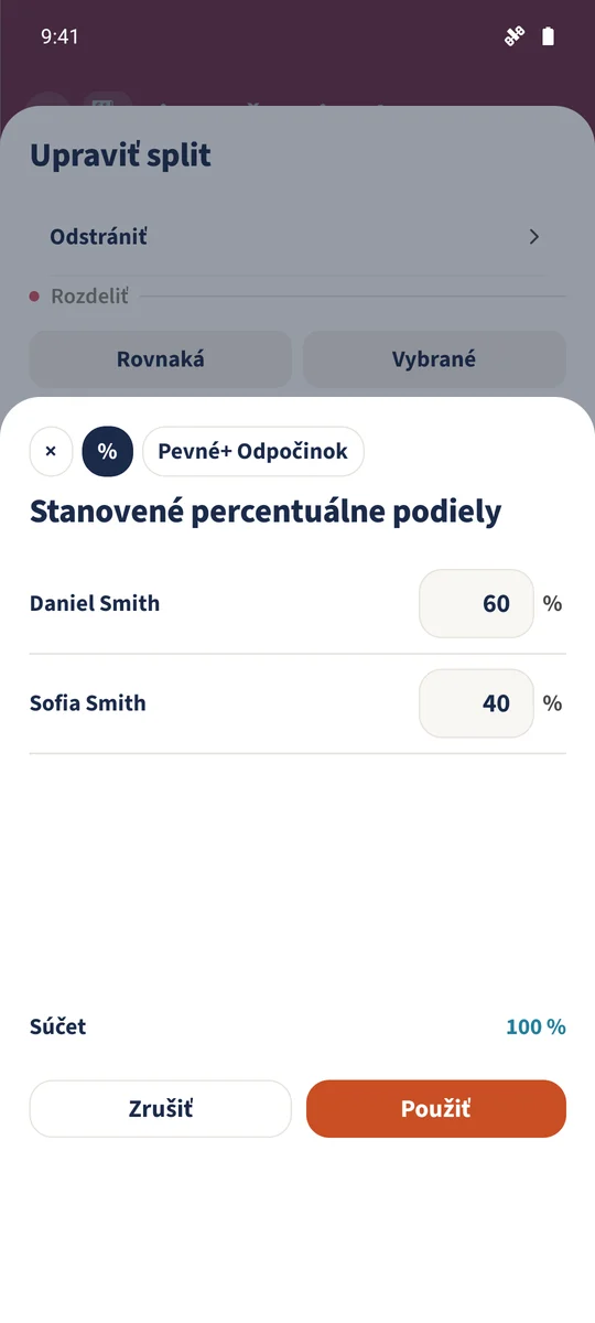 Alternatívne percentuálne rozdelenie používa 60 a 40, spolu 100 %.
