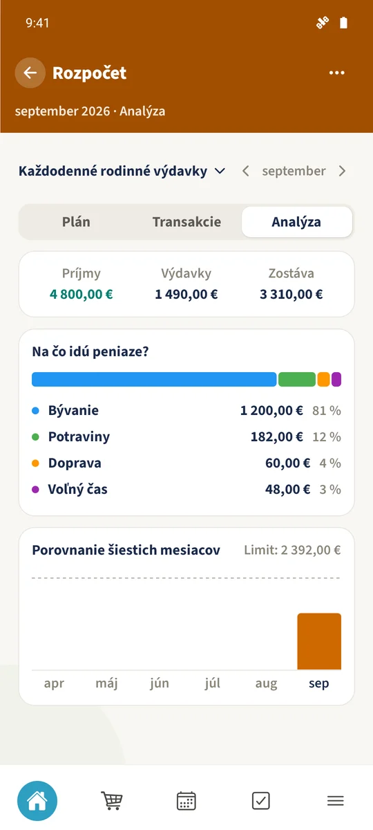Analýza zobrazuje súčty príjmov a výdavkov a kategóriu Potraviny so sumou 182 €.