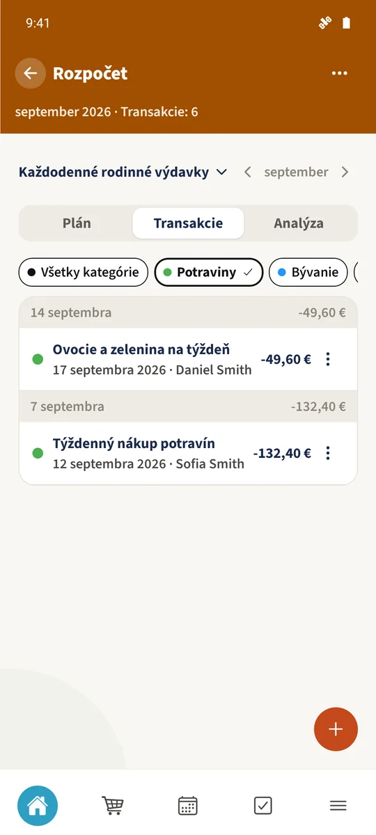 Filter Potraviny zobrazuje Týždenný nákup potravín a Ovocie a zelenina na týždeň v celkovej sume 182 €.