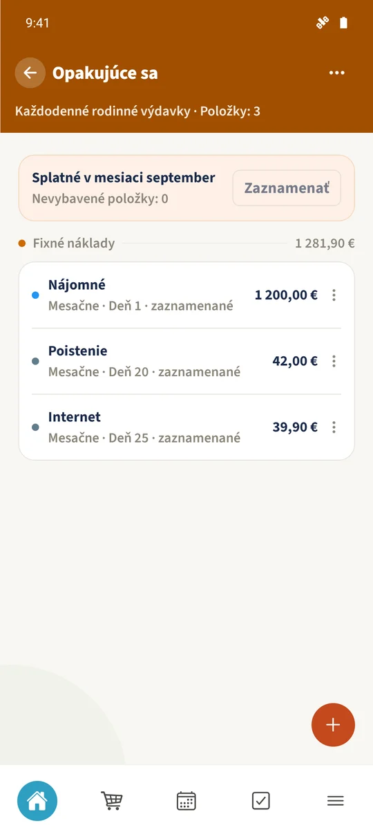 Po generovaní sa Nájomné, Poistenie a Internet zobrazujú ako zaznamenané na október 2026.