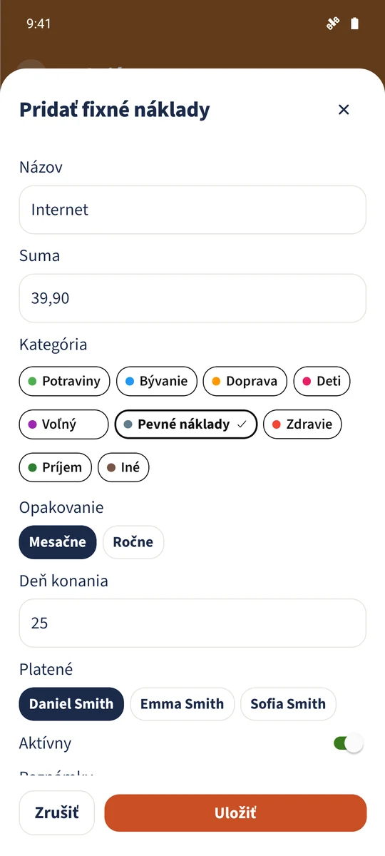 Existujúca položka Internet je nastavená na 39,90 € v kategórii Pravidelné výdavky, s mesačným opakovaním v 25. deň mesiaca.