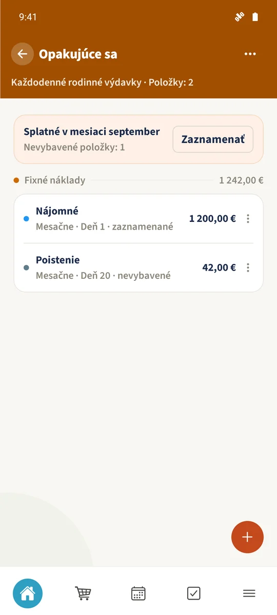 Opakujúce sa na október 2026 zobrazuje existujúce položky Nájomné, Poistenie a Internet, všetky ešte nevybavené.