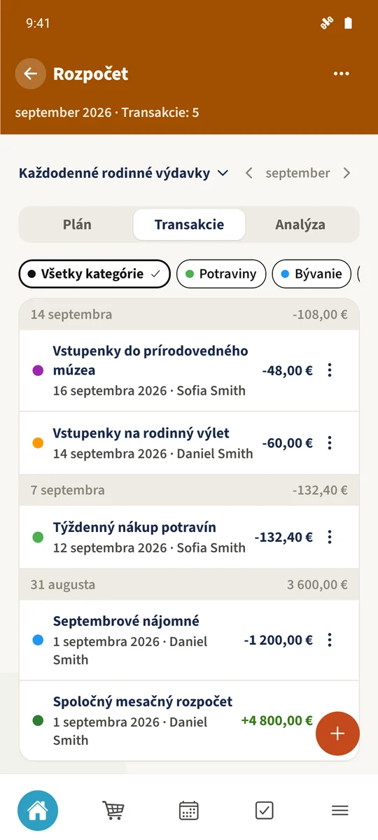 Transakcie zobrazuje zaznamenané príjmy a výdavky rodiny.