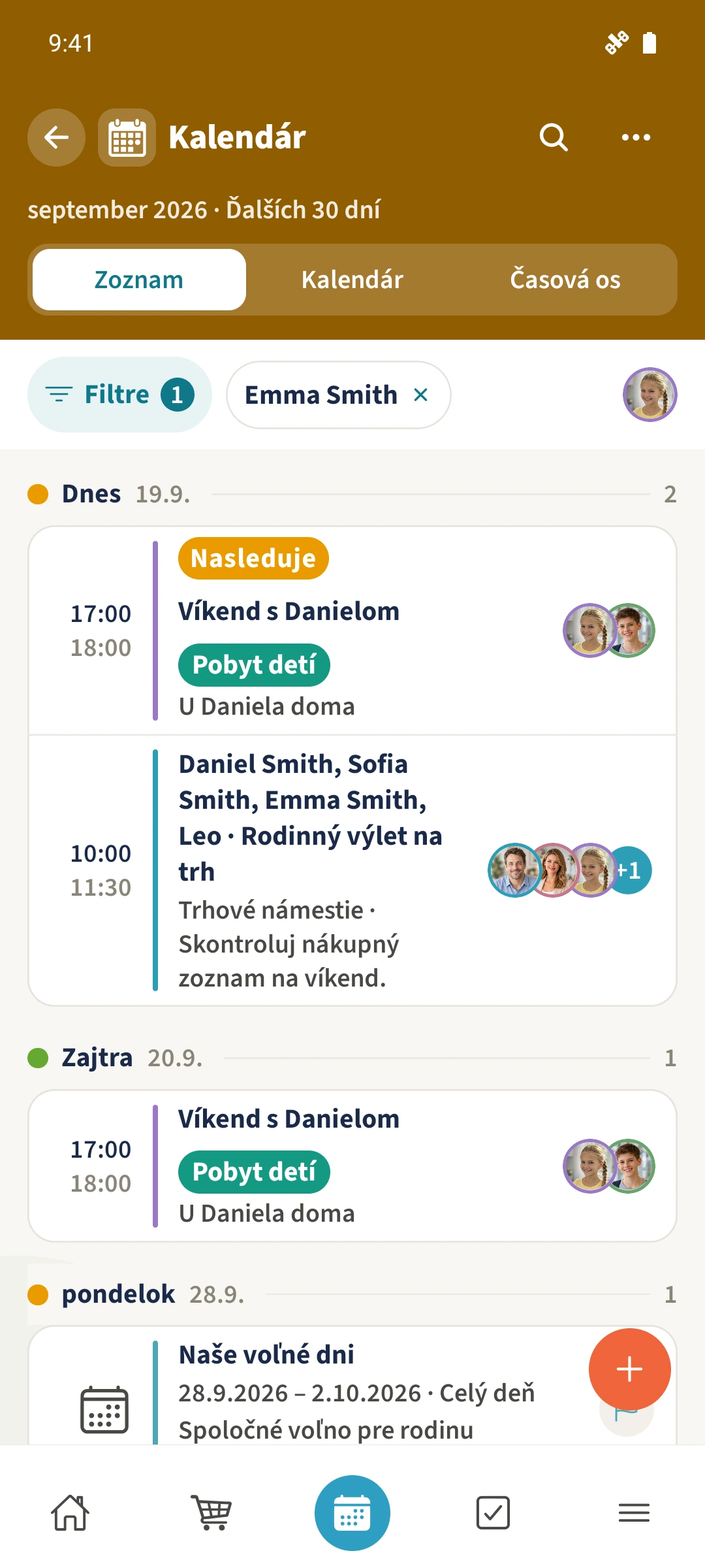 Štítok Emma označuje filtrovaný zoznam, ktorý stále obsahuje jej spoločné udalosti.