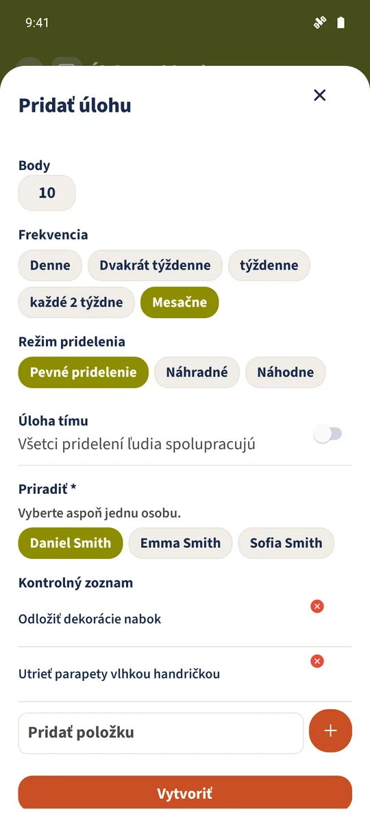 Vo formulári je pre pevné pridelenie vybraný Daniel a formulár obsahuje dvojkrokový kontrolný zoznam.