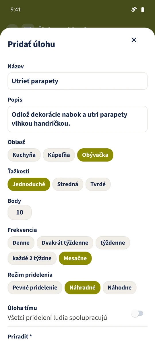 Vo formulári úlohy je vybrané Mesačne. Priradená osoba sa vyberá potom.