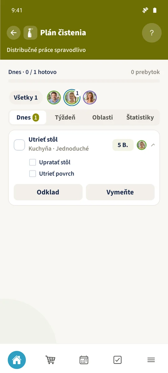 Pred dokončením patrí denná úloha Utrieť stôl Emme a zobrazuje päť bodov úlohy.