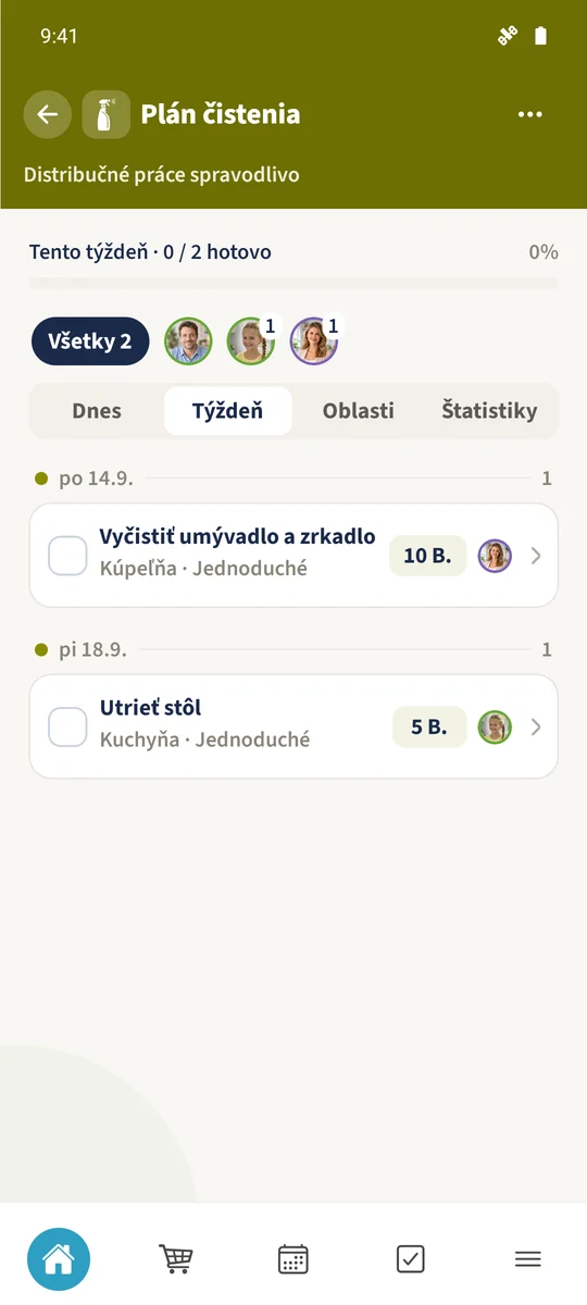 Týždeň zobrazuje pripravené pondelkové pridelenie a piatkové pridelenie vygenerované v aplikácii.