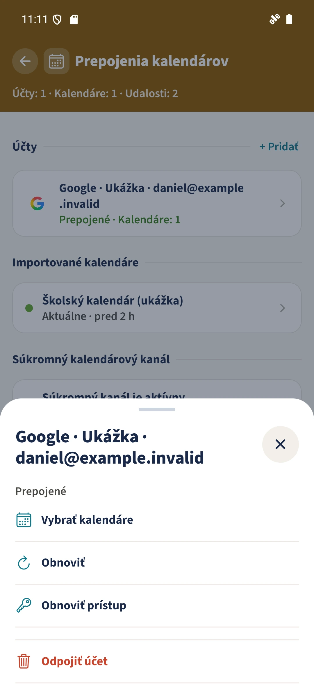 Kalendárový účet: Google — Vybrať kalendáre, Obnoviť
