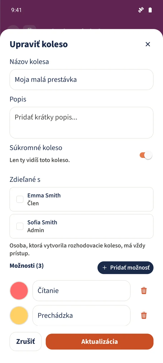 Súkromné koleso nemá vybraných ďalších členov; tvorca si zachováva prístup.