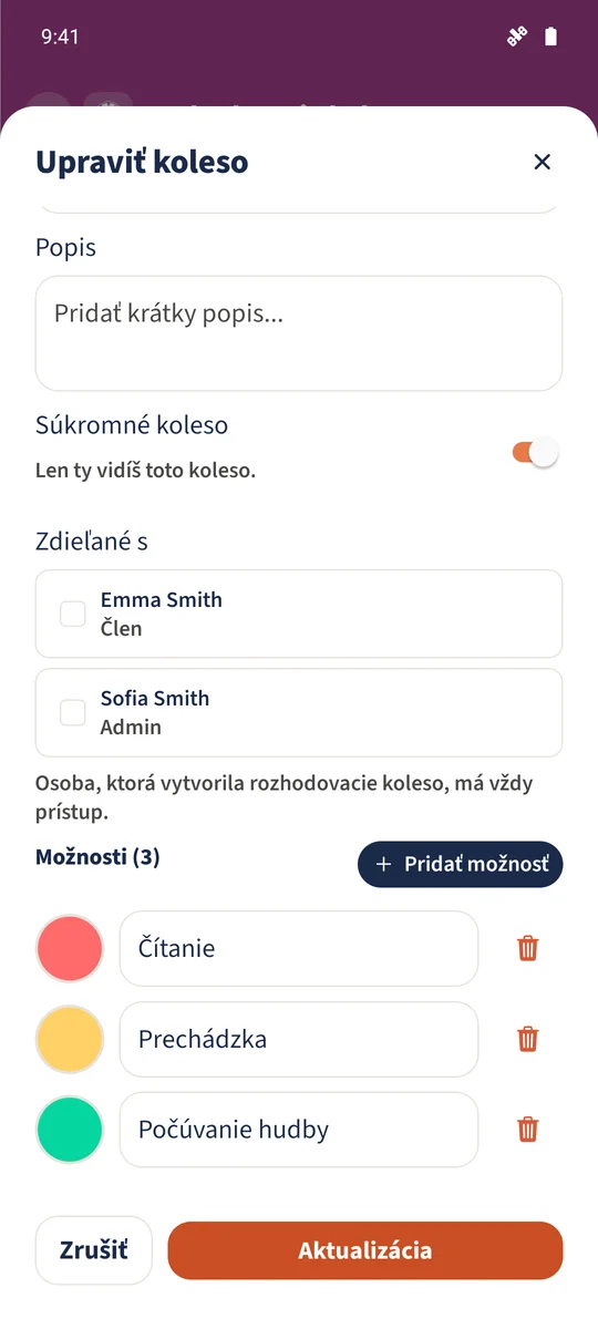 Editor zobrazuje tri možnosti kolesa.