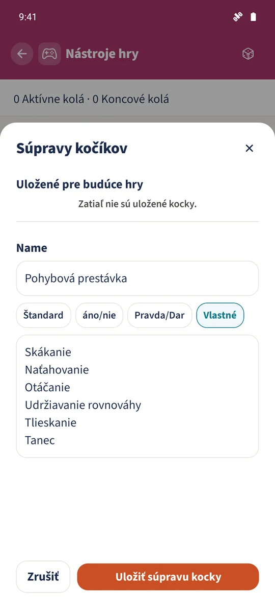 Formulár vlastných kociek obsahuje súpravu Pohybová prestávka so šiestimi stranami s aktivitami v slovenčine.