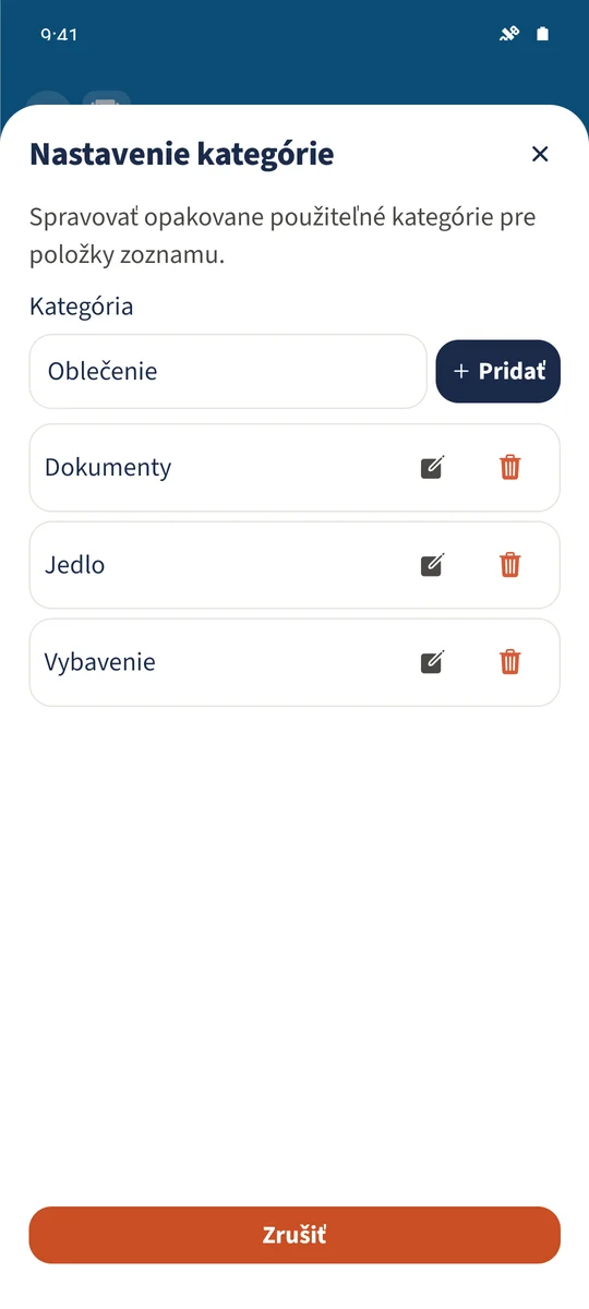 Nastavenie kategórie obsahuje Vybavenie, Dokumenty a Jedlo. Oblečenie je zadané, ale ešte nepridané.