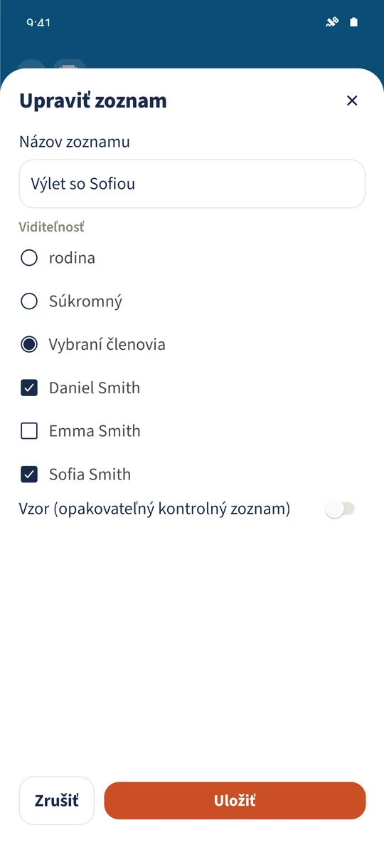 V editore zoznamu sú vybraní Daniel a Sofia, zatiaľ čo Emma je nevybraná.