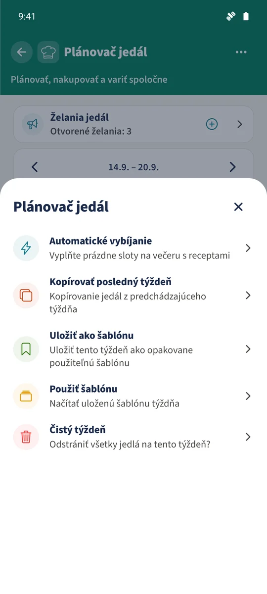 Akcie ponúka Uložiť ako šablónu, Použiť šablónu, Kopírovať posledný týždeň a «Automatické vybíjanie».