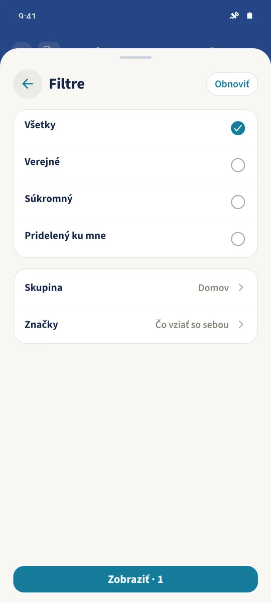 Filter vyberá skupinu Domov a štítok Čo vziať so sebou.